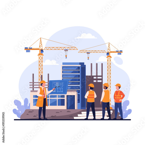 Construction team collaborating on architectural blueprints with cranes and buildings