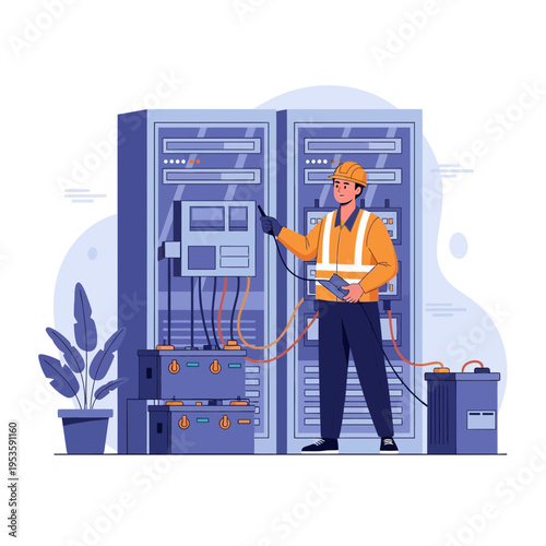 Skilled engineer supervising server installation and technology setup in a modern data center.