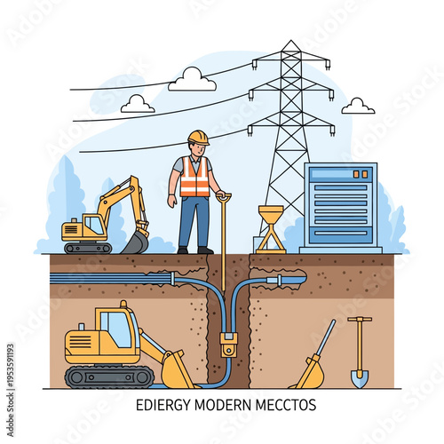 Construction engineer supervising underground energy infrastructure development with excavators and power lines