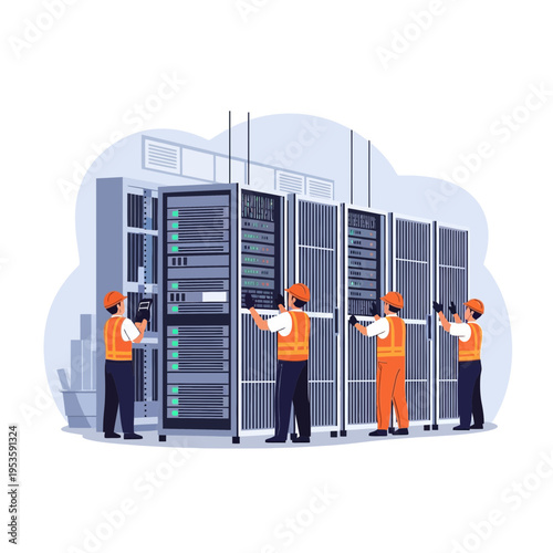 Skilled engineers and construction workers install and maintain servers in a modern data center environment