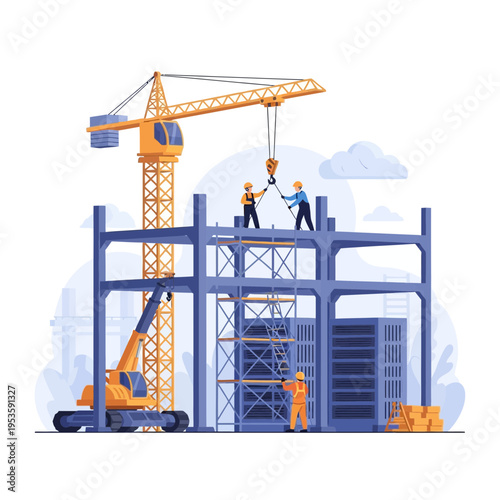 Construction workers assemble a steel building structure with cranes and scaffolding