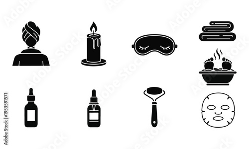 Set of Spa, Beauty, and Skincare Glyph Icons. Vector Illustration for Wellness and Relaxation.
