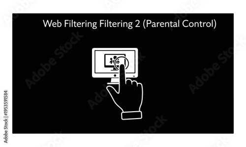 White Outline Illustration: Hand Pointing at Computer Monitor with Network Icon and 'Web Filtering Filtering 2 (Parental Control)'