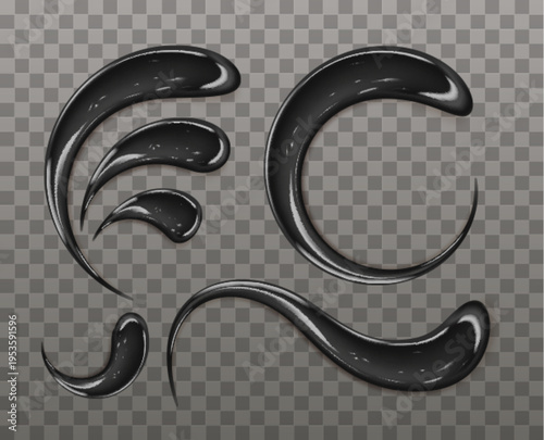 Black cosmetic cream texture, charcoal clay mask smear, realistic vector illustration isolated on transparent background. Skincare gel product swatch, beauty treatment and facial care routine.