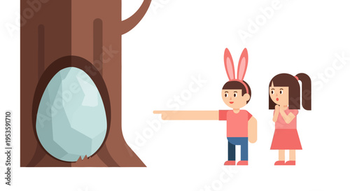 Surprised children discovering a giant glowing egg hidden inside a hollow tree during Easter hunt