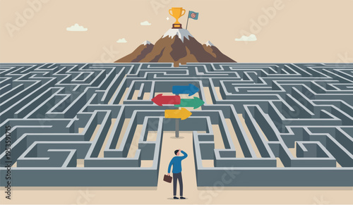 Path people idea work flat company chart assessment project businessman finding the way in labyrinth to reach target