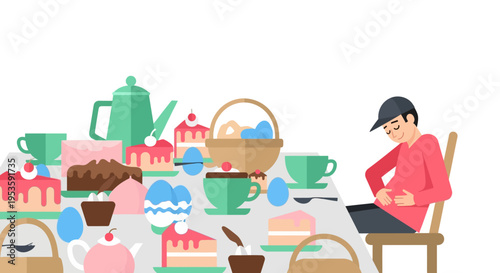 Stuffed man holding his belly sitting at a table full of Easter desserts tea cakes and eggs