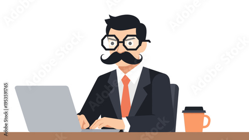 Serious businessman with big mustache and octagonal glasses working on laptop computer at office desk