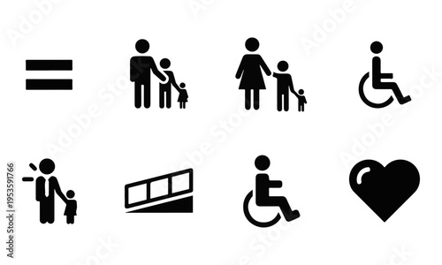 Set of Black Vector Icons for Social Equality, Accessibility, and Diversity with Wheelchair, Ramp, and Family Symbols