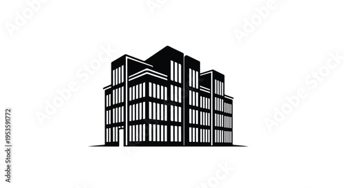 Black and white illustration of a modern office building with a geometric design on a plain background.