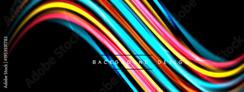Abstract colorful waves flow across black background. Vibrant lines create dynamic, modern design element. Smooth curves suggest movement.