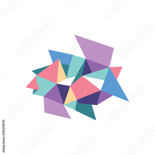 Abstract geometric composition featuring overlapping colorful polygonal shapes on white