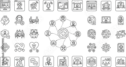 Healthcare telemedicine and communication icons with doctors patients video consultation medical network and digital health vector illustration set