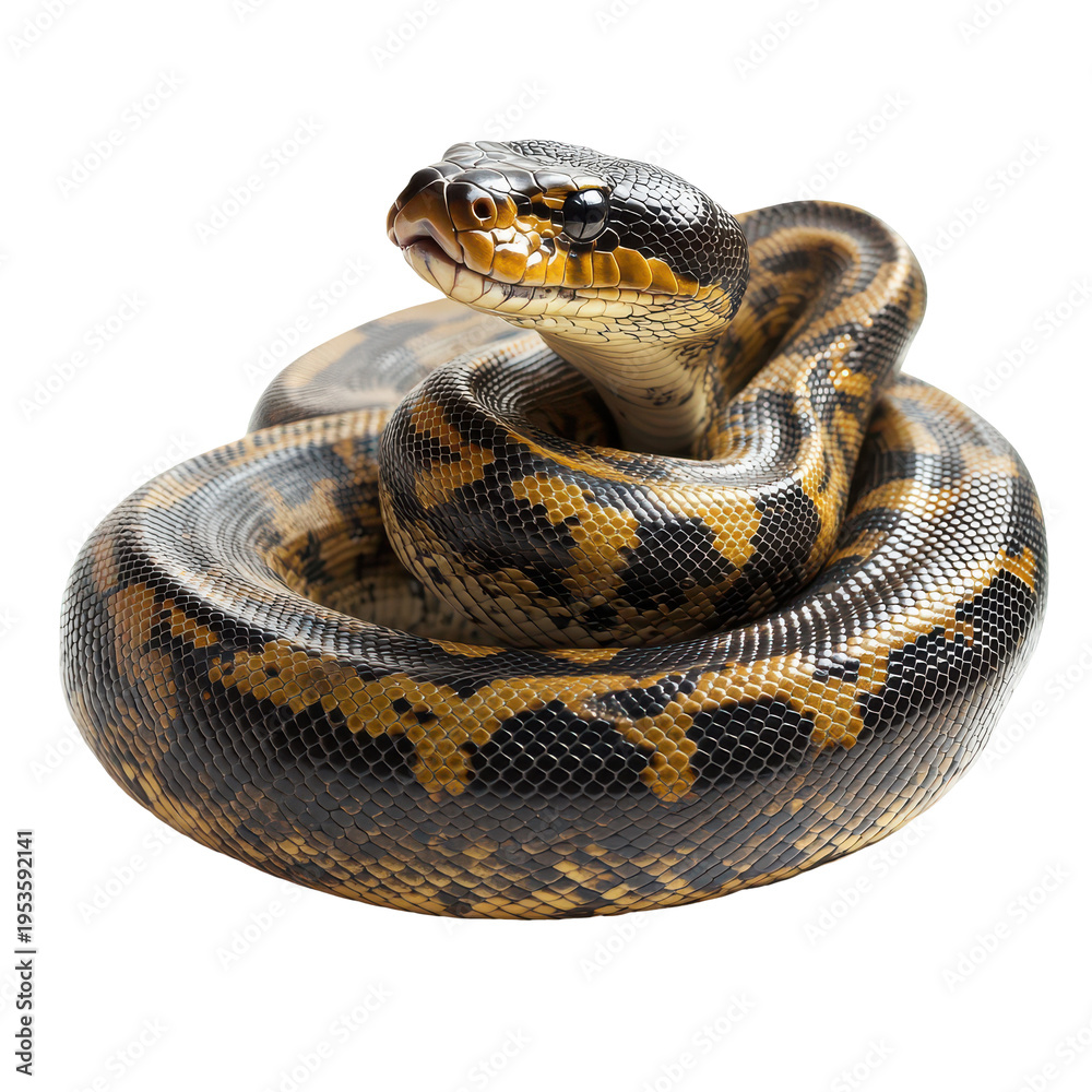 Fototapeta premium Brown and yellow python curled in a resting position on a white background indoors during daylight