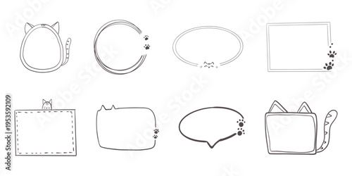 Empty cute cat or dog, pet frame set, speech bubble with ears and tail, border with paw print. Doodle sketch hand drawn elements. Footprint badge, border divider. 