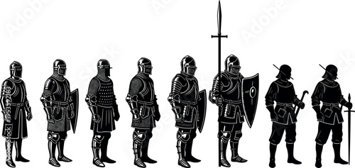 Medieval knight silhouettes progression with armor evolution soldiers standing poses swords shields and historical vector illustration set
