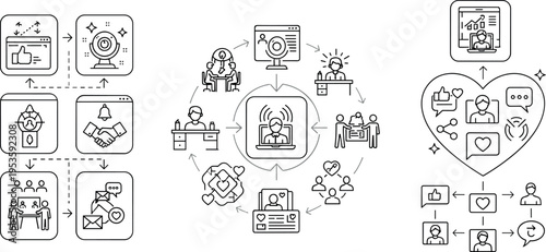 Social media marketing and communication line icons with content creation analytics engagement and digital network vector illustration set