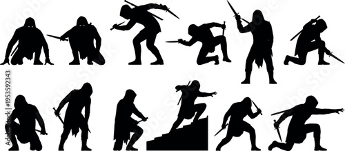 Warrior action silhouettes collection with sword fighting poses dynamic combat scenes and hero character vector illustration set