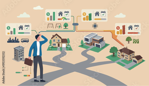 Housa data analysis affordability calculation, picking new home base on budget,to income or lifestyle concept, businessman hand wisely think to picking different variant houses with price tag.