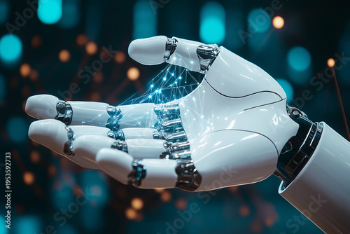 Hand of robotic holding technical support on global networking, troubleshooting solutions, system maintenance, IT assistance, service desk operations, digital performance optimization