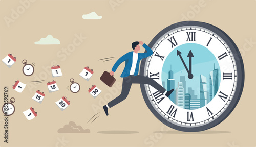 Time management time travel future, time fast work deadline, productivity efficiency, effort work schedule, evolution concept, businessman jump into clock the future