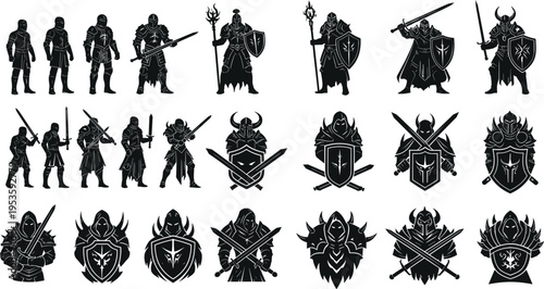 Dark fantasy warrior silhouettes and heraldic emblems with swords shields armor and battle characters vector illustration set