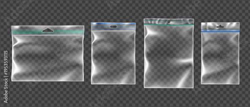 Transparent plastic bag mockup with zipper closure, realistic vector isolated on background. Clear vinyl pouch template for food storage, glossy material and resealable seal, pvc package top view