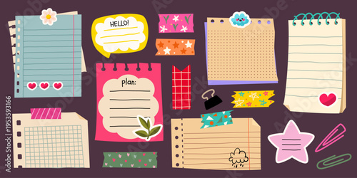 Cute memo paper frames with colorful stickers and doodle elements, cartoon vector set of illustrations. School notebook pages, diary sheets, and decorative tape for kids journals and planners.