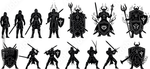 Dark fantasy knight silhouettes with flaming shields swords and battle poses medieval warrior vector illustration set