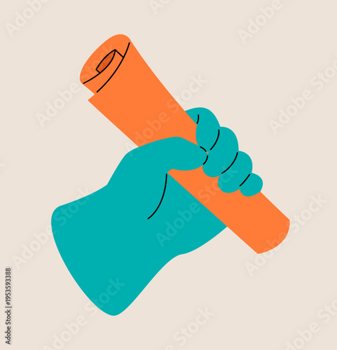 Hand firmly grasping a rolled-up paper document. Colorful vector illustration