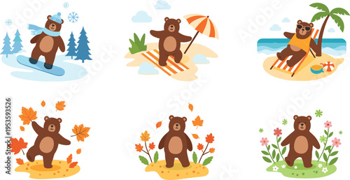 Cute Bear Seasonal Activities Set with Winter Summer Autumn and Spring Scenes Cartoon Character Collection for Kids Nature and Holiday Illustration