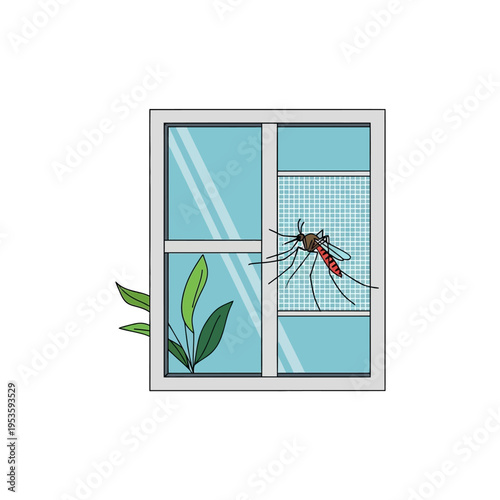 Mosquito near a closed window with screen pest control concept