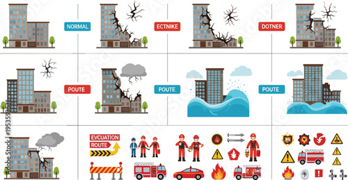 Disaster Emergency Response Infographic Showing Earthquake Storm Flood Damage Evacuation Routes Rescue Teams and Safety Warning Icons for Crisis Management Illustration