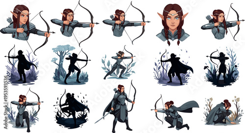 Fantasy elf archer character collection with female warrior poses bow aiming shooting and forest scenes vector illustration set