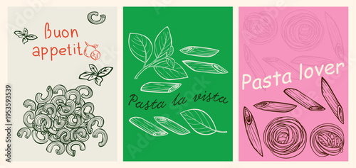 Pasta lovers club poster set, cartoon vector background. Delicious pasta illustration with Italian spaghetti and quirky doodle icons for restaurant menu, or kitchen decor with vintage charm.