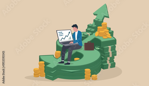 Revenue growth or investment profit increase earning too wealth accumulate, growing income, financial analysis concept, businessman working with computer laptop on dollar sign money with rising graph
