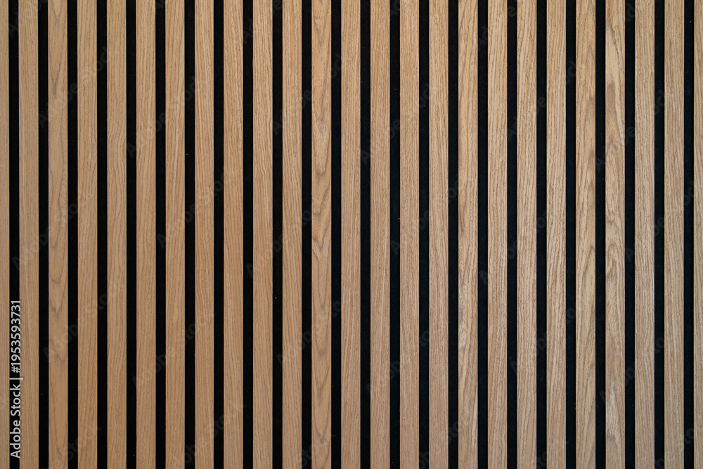 Fototapeta premium Sound dampening acoustical panels detail of a wooden wall. Wooden wall texture with wood acoustic panels