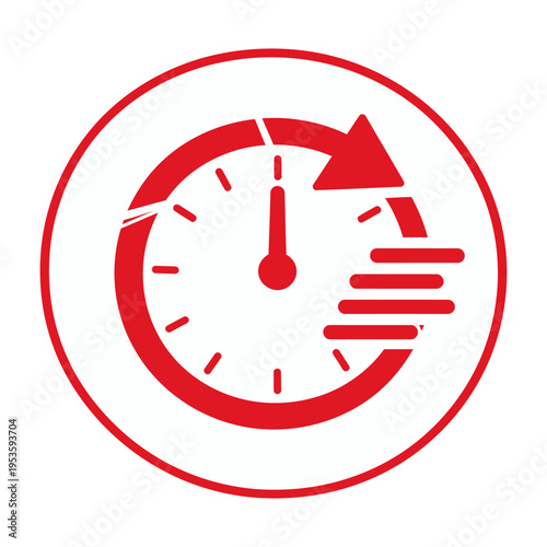 Circular red vector icon depicting a clock with a repeating arrow design symbolizing time