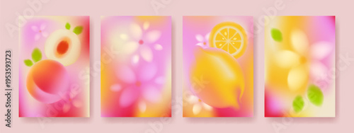 Abstract pastel fruit and flower posters set. Vector realistic illustration of peach and lemon on soft pink and yellow gradient background, creative modern banner, juice package designs collection