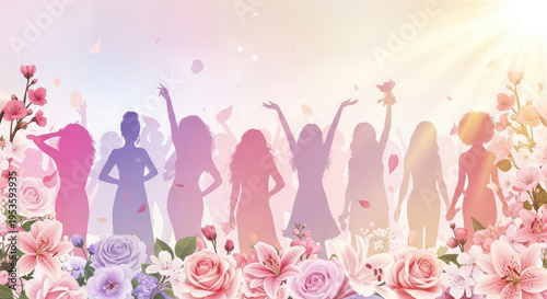 Vibrant illustration of diverse women silhouettes celebrating amidst a beautiful floral garden with soft sun rays and a pastel sky, symbolizing joy and empowerment.
