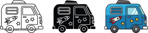 Colorful vector illustrations of camper van with rocket and stars on white background