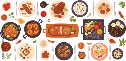 Global Cuisine Dinner Table Top View with Assorted International Dishes Meat Vegetables Rice and Sauces for Restaurant Menu Food Illustration Collection