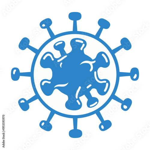 Blue vector of a spherical virus with multiple spikes extending outward from the surface