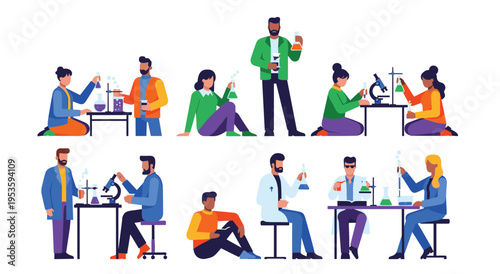 Scientists performing experiments in chemistry laboratory with glass flasks