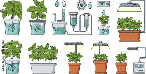 Hydroponic Gardening System Set with Indoor Plant Growing Equipment Water Nutrient Setup and LED Light Cultivation for Modern Agriculture Illustration
