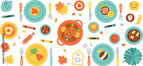 Kids Autumn Meal Illustration with Cute Food Characters Fall Leaves Colorful Plates and Child Friendly Dinner Concept for Seasonal Nutrition Design