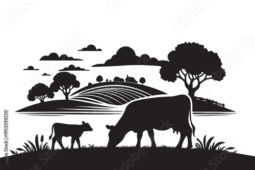 Agriculture field and grazing cows silhouette background.