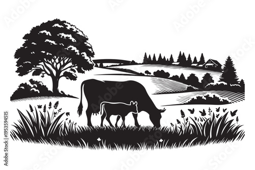 Mother cow and calf grazing countryside farm black silhouette vector illustration.