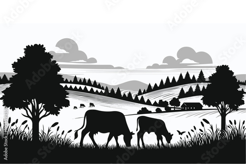 Mother cow and calf grazing countryside farm black silhouette vector illustration.