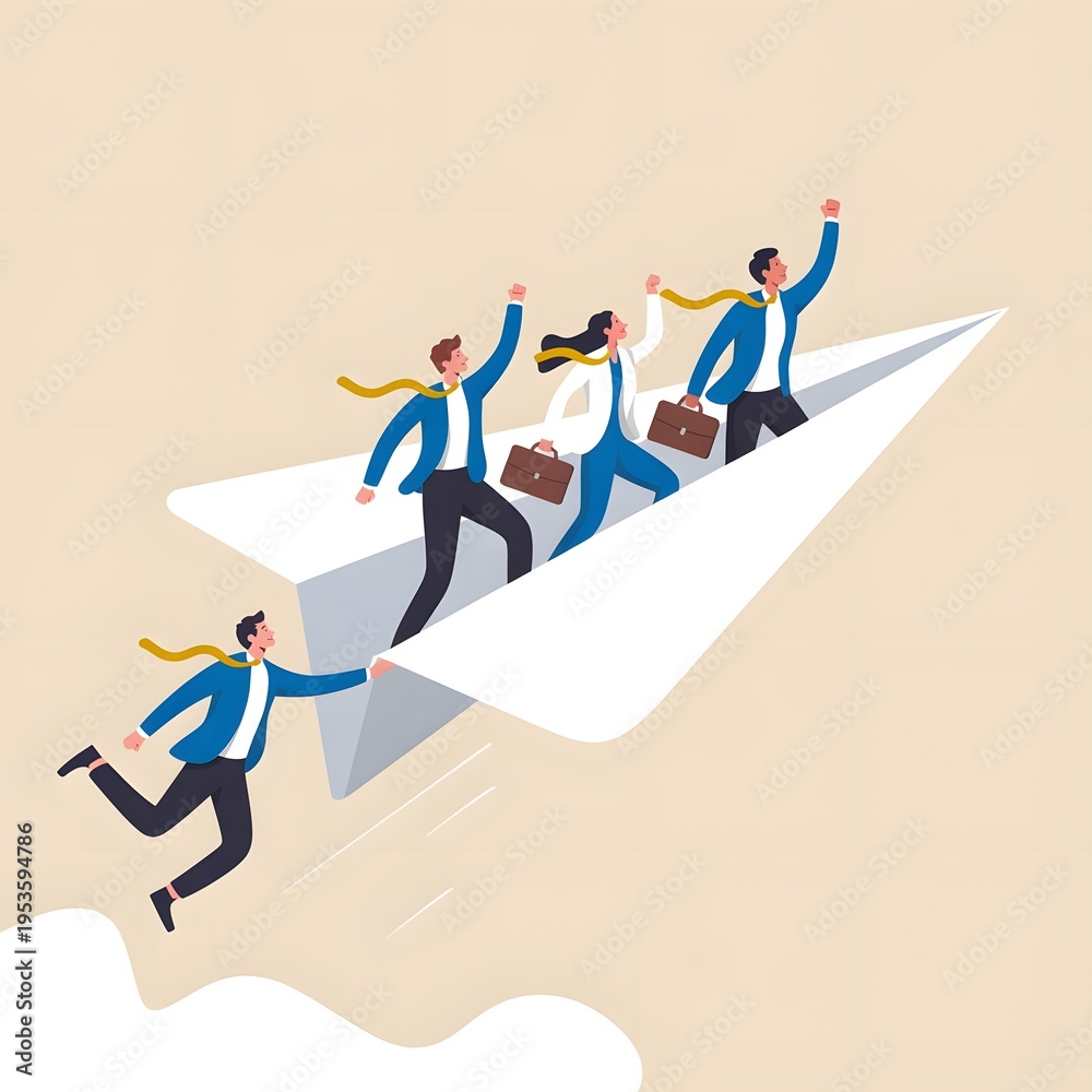 Fototapeta premium Business team riding paper airplane to success